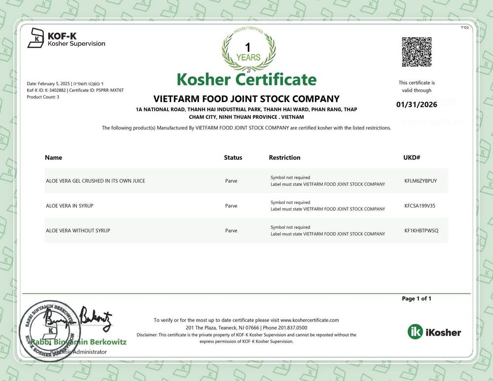 Sản phẩm nha đam của GC Food đạt chứng nhận Kosher