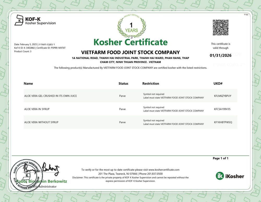 GC Food’s aloe vera products are Kosher certified.