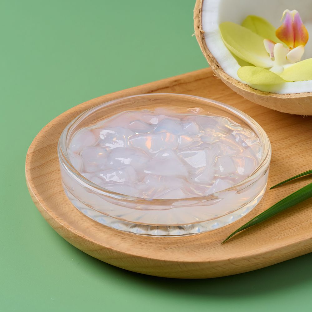 GC Food coconut jelly, enjoyed with lychee tea enhances the flavor, creating an irresistibly appealing tropical taste.