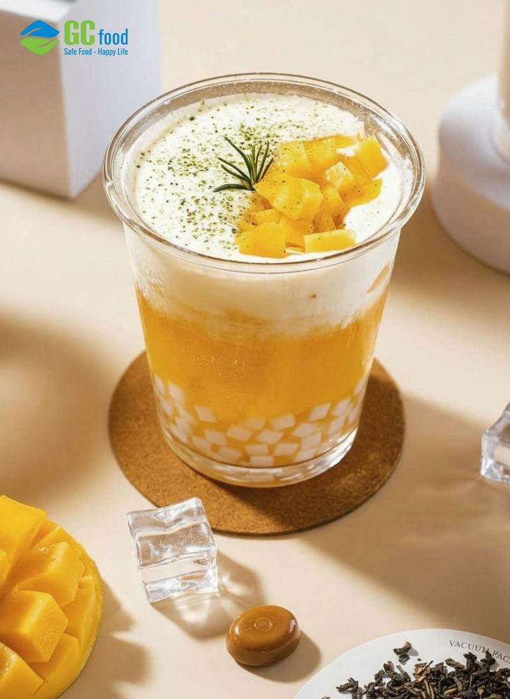 A tempting mango cream cheese tea topped with a smooth, creamy cheese foam.