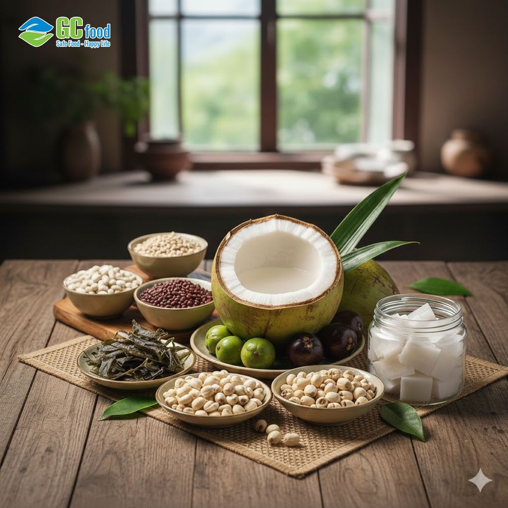 The essential ingredients for making coconut dessert soup.
