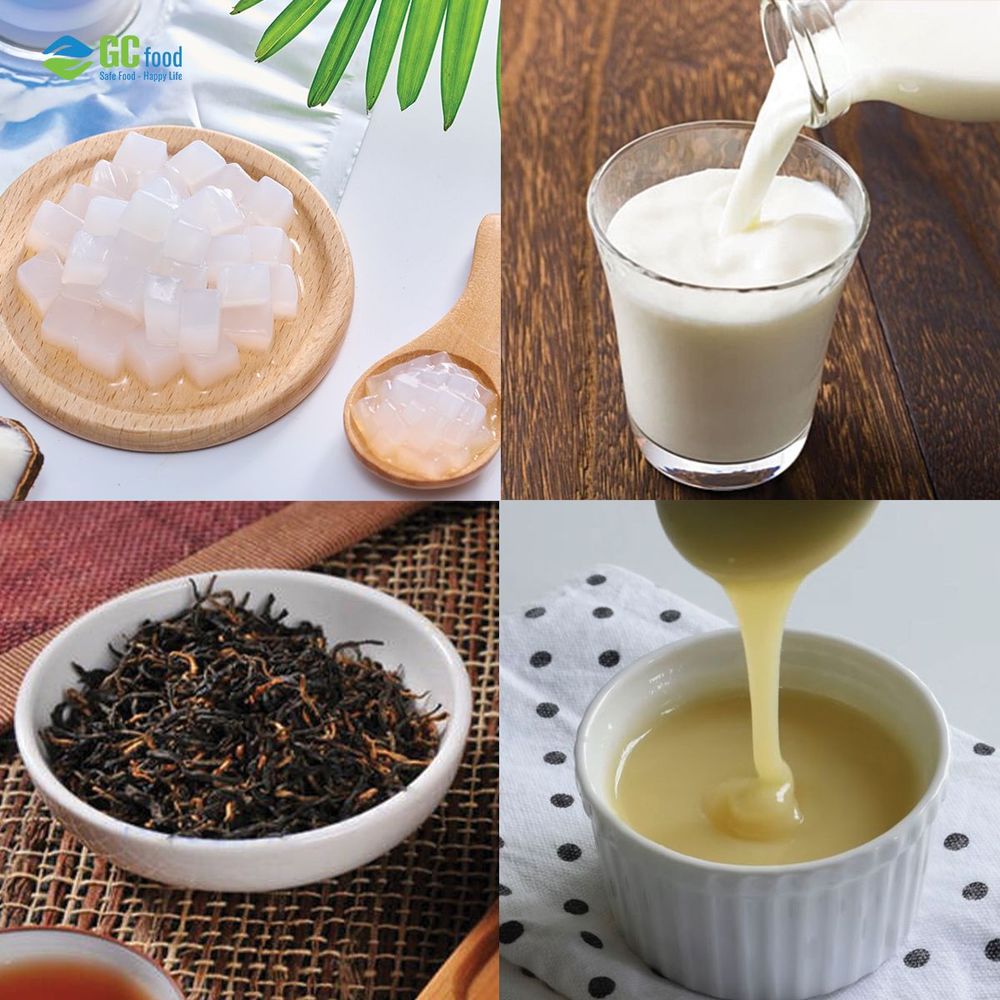 Nguyên liệu làm hồng trà sữa kèm topping thạch dừa.