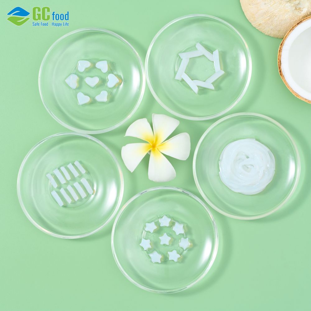 GC Food's shaped nata de coco comes in heart, star, stick, string or block shapes.