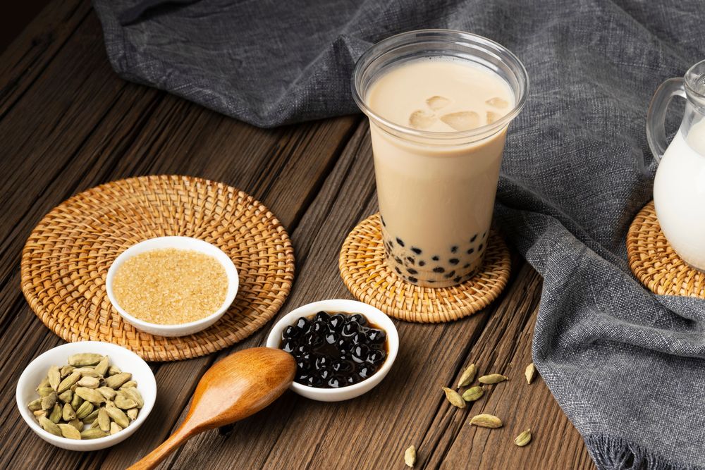 A cup of buckwheat milk tea topped with GC Food coconut jelly offers a cool, chewy texture and added nutritional value.