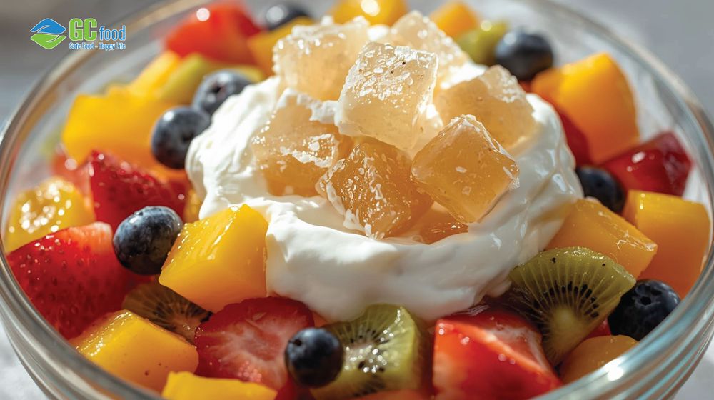 Vietnamese fruit beams combined with yogurt and coconut jelly make a healthy snack.