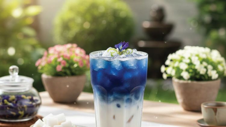Butterfly pea flower milk tea recipe with coconut jelly topping