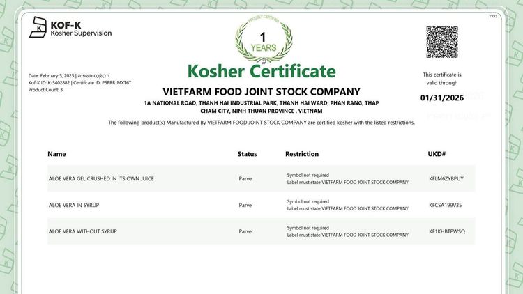 Chứng nhận Kosher nâng tầm sản phẩm nha đam GC Food trên toàn cầu